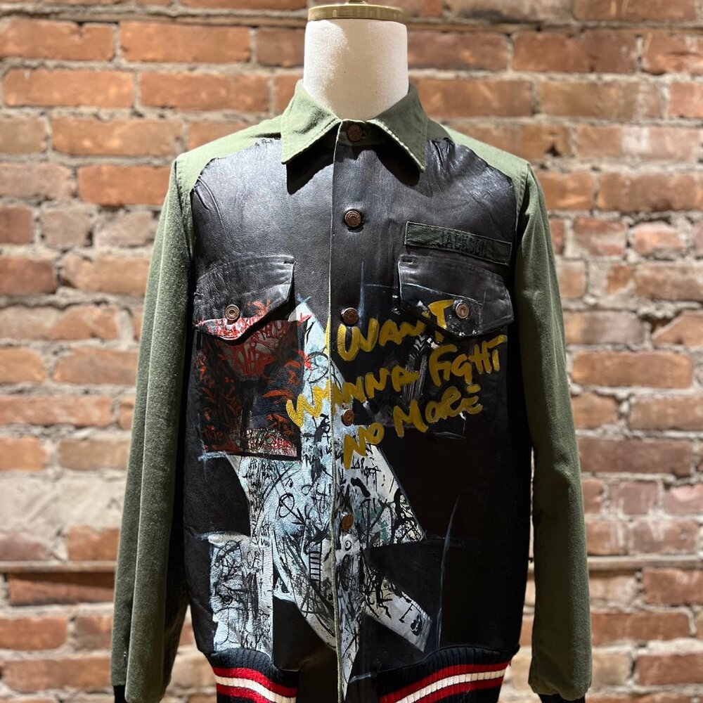 Pihakapi “Wanna Fight No More” Mixed-Media Leather & Wool Jacket